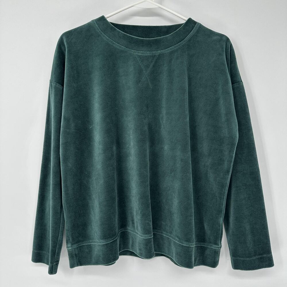 J Jill Petite MEDIUM Green Velour Crewneck Sweatshirt Pullover Quiet Luxury Cozy